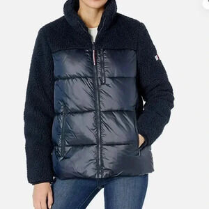 Tommy Hilfiger Navy Blue Sherpa Mixed Media Puffer Jacket Size S/P